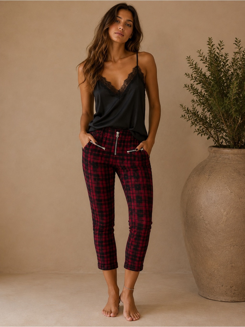 Isabel Marant Red & Black Plaid Cropped Pants